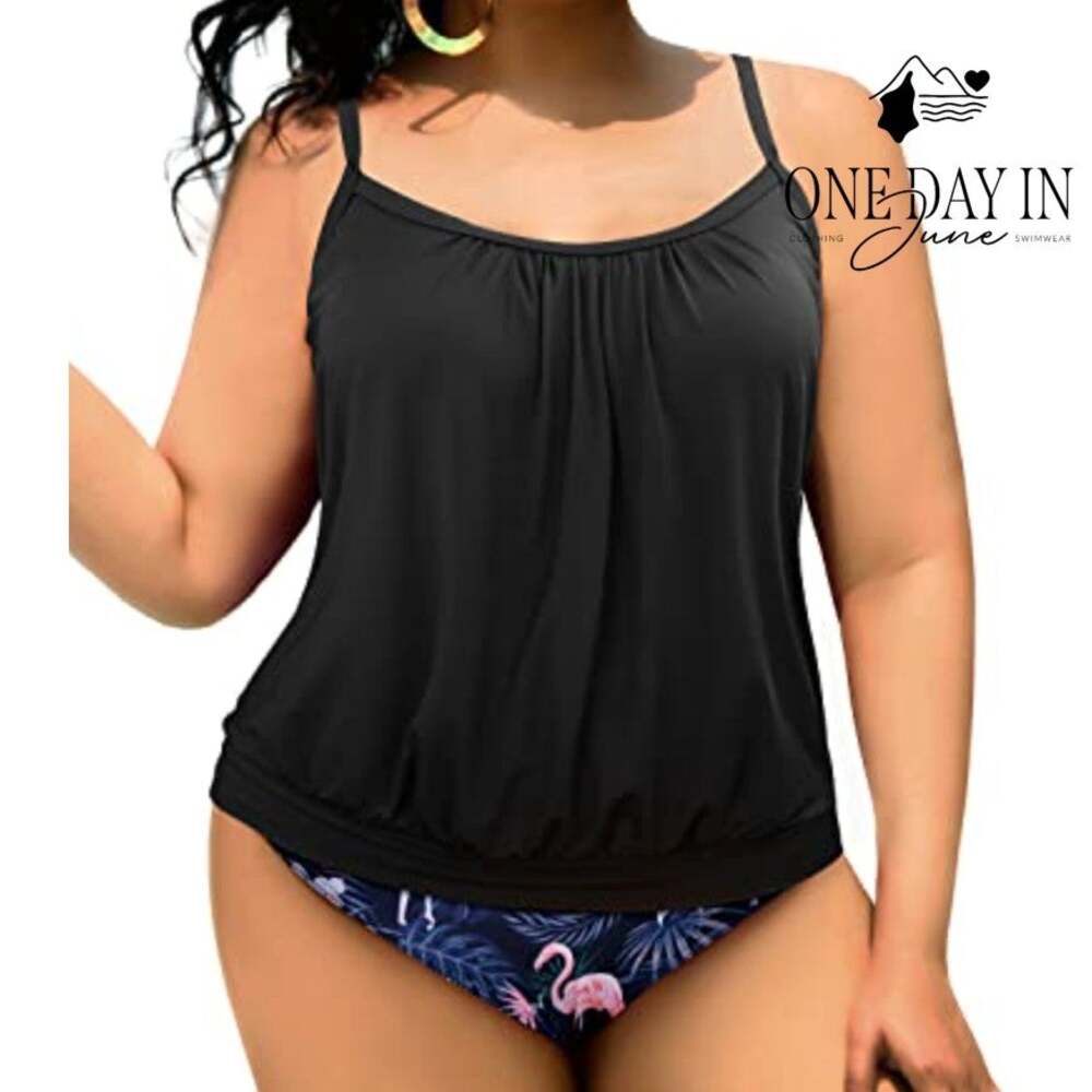 Yonique Blouson Tankini Swimsuit Black Flamingo Print NWT Size L